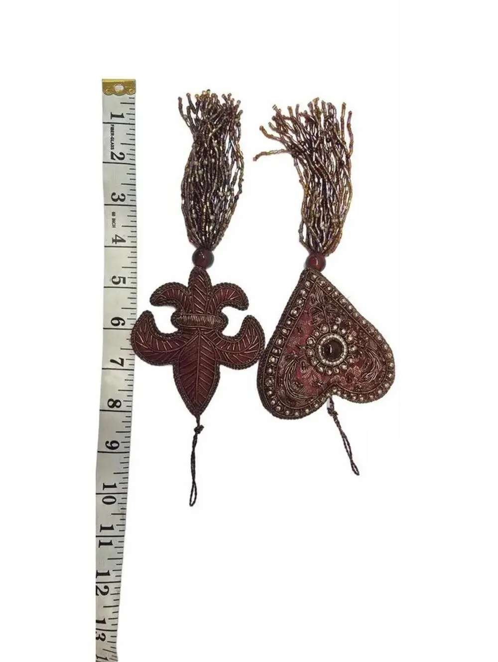 Set of 4 Vintage Style Burgundy Fabric Tassel Ornaments with Heart and Fleur-de-